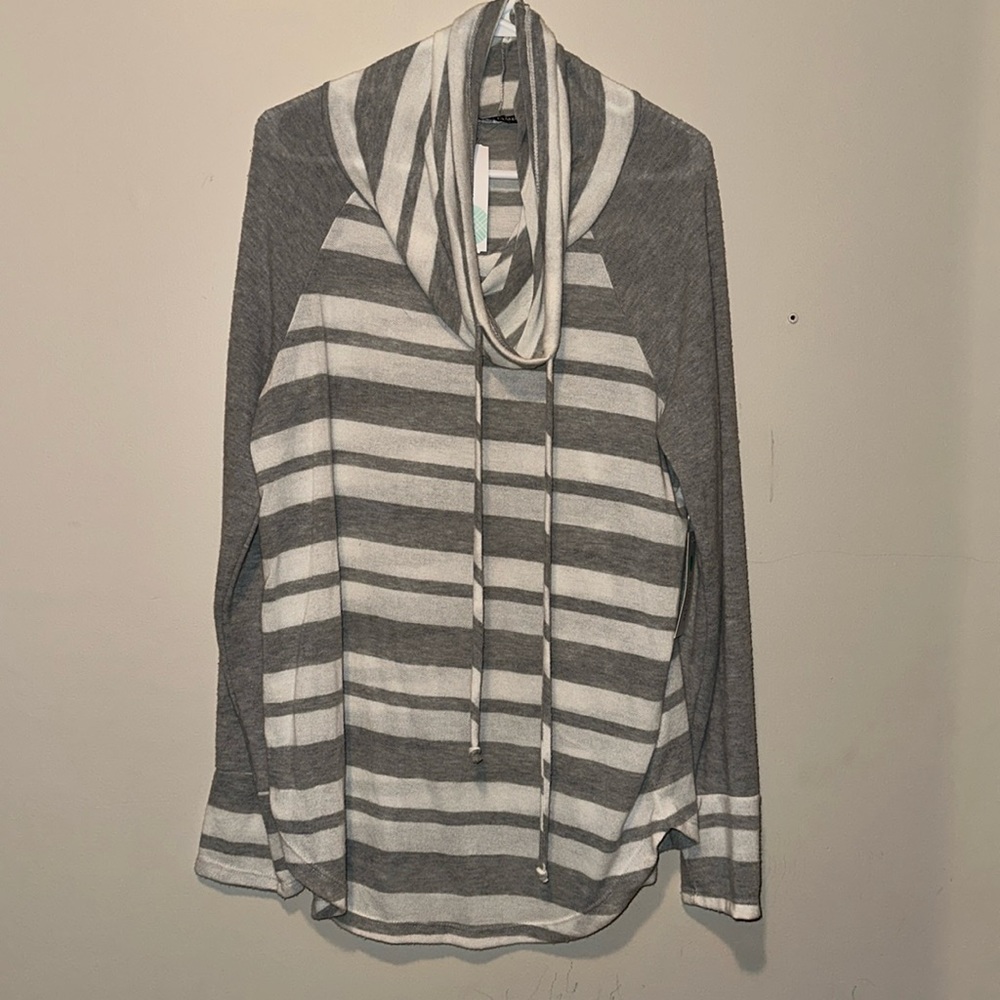 Gray and White Strip Cowl Neck Sweater